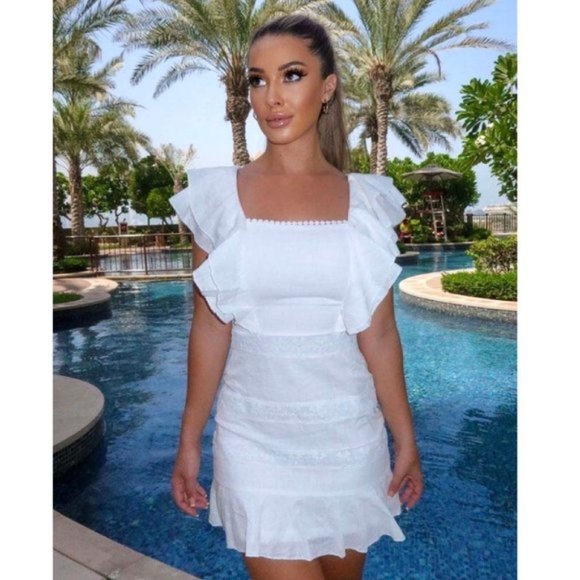 White Short Sleeve Open Back Ruffle Bodycon Mini Dress - Picture 3 of 8